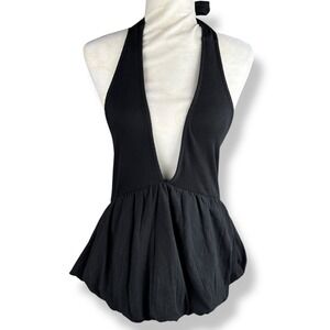 Free People Halter Bubble Hem Top Womens Size Small Black Deep V Backless Party